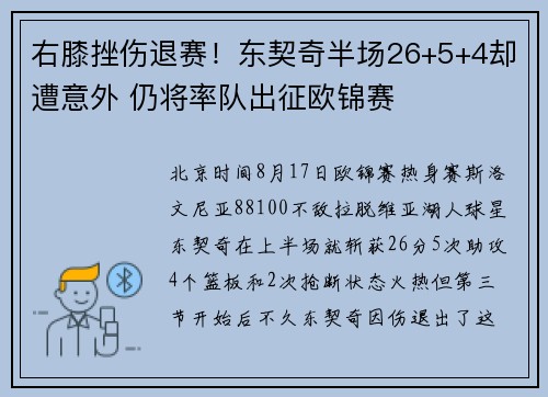 右膝挫伤退赛!东契奇半场26+5+4却遭意外 仍将率队出征欧锦赛